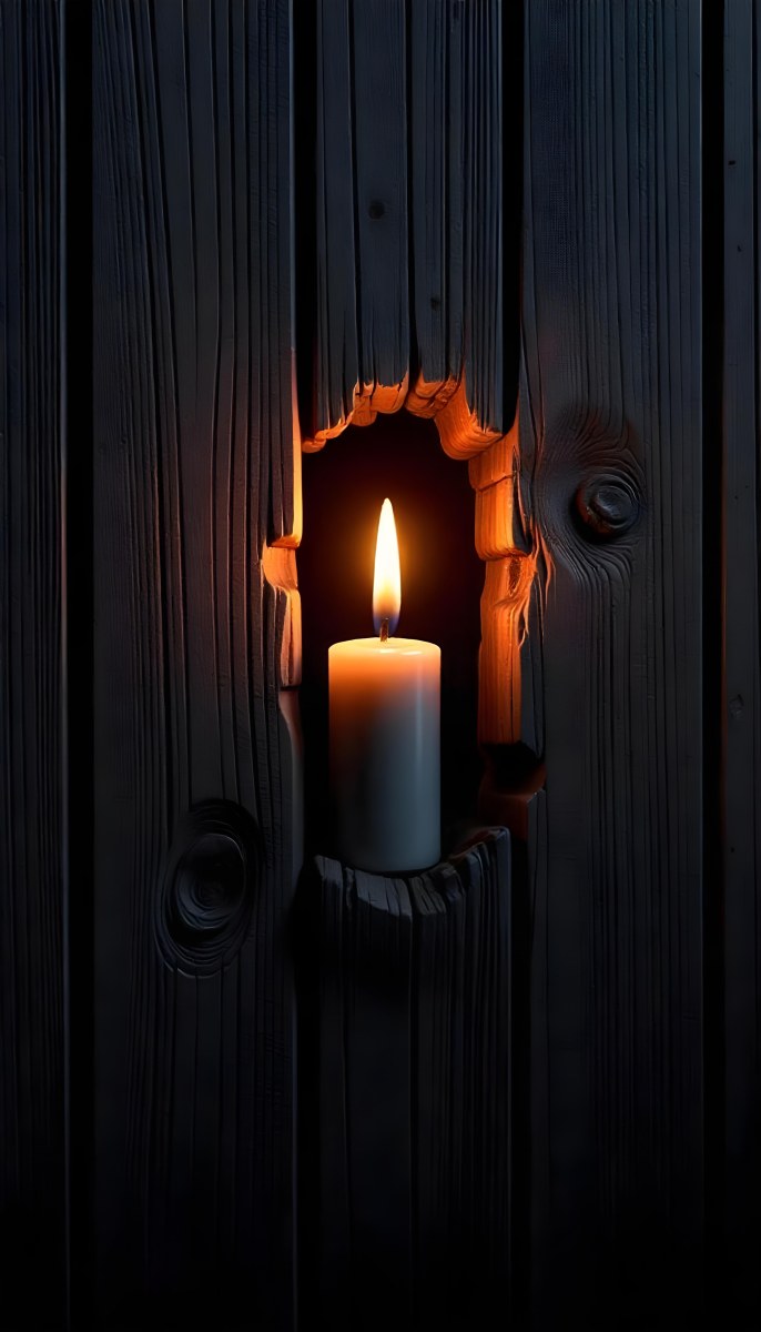 A Candle With A Bright Flame Set Against A Bright Background Wooden Planks With A Hole Casting A Warm Glow Creating A Sense Of Hope 3 566a