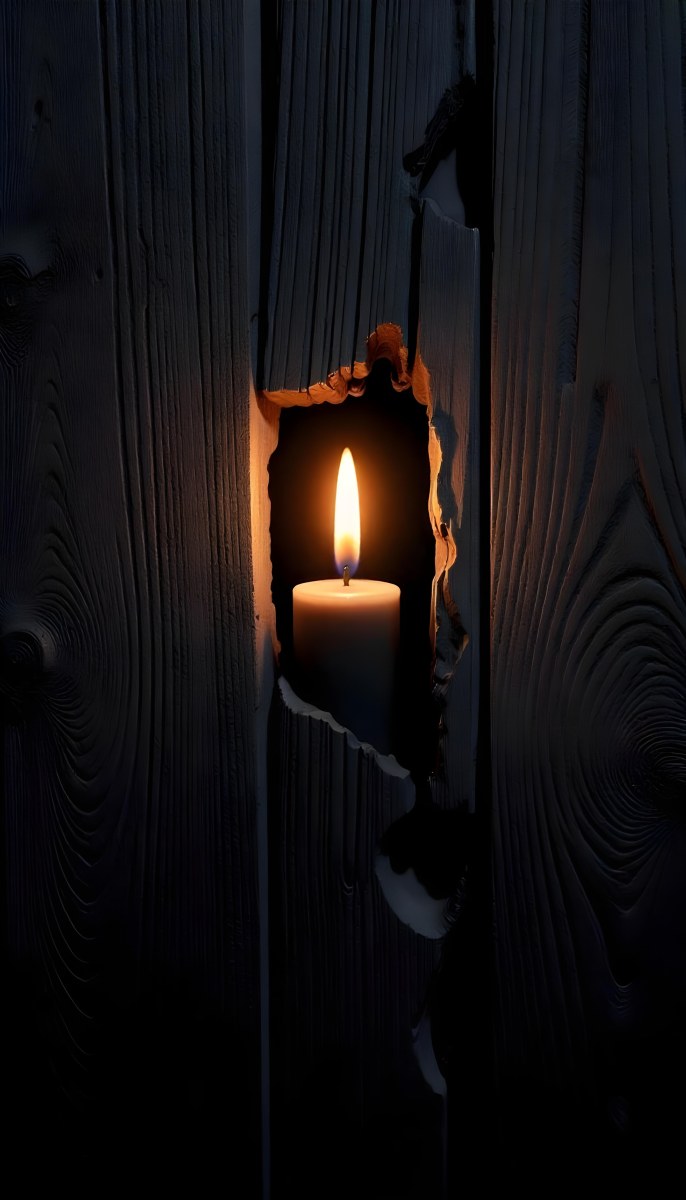 A Candle With A Bright Flame Set Against A Bright Background Wooden Planks With A Hole Casting A Warm Glow Creating A Sense Of Hope 35 3e22