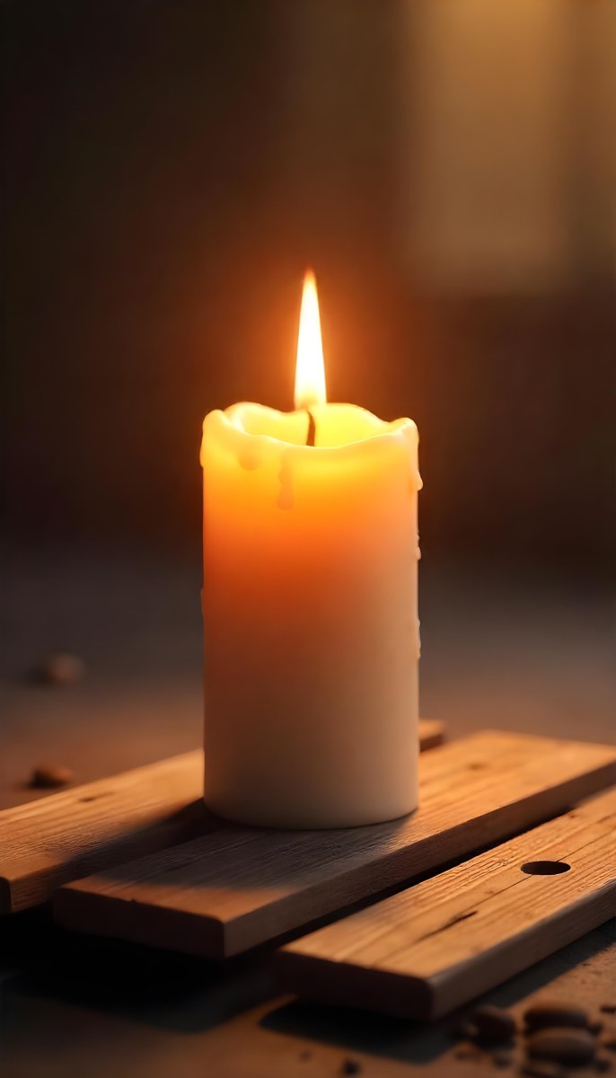 A Candle With A Bright Flame Set Against A Bright Background Wooden Planks With A Hole Casting A Warm Glow Creating A Sense Of Hope 36 D10c