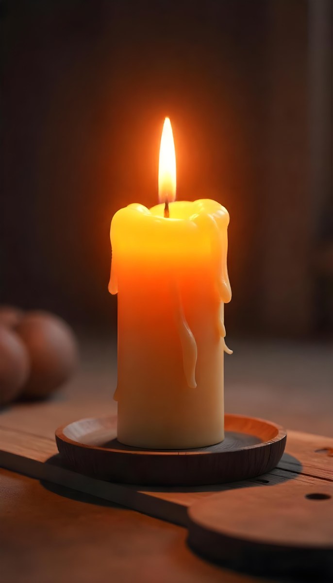 A Candle With A Bright Flame Set Against A Bright Background Wooden Planks With A Hole Casting A Warm Glow Creating A Sense Of Hope 37 A69e
