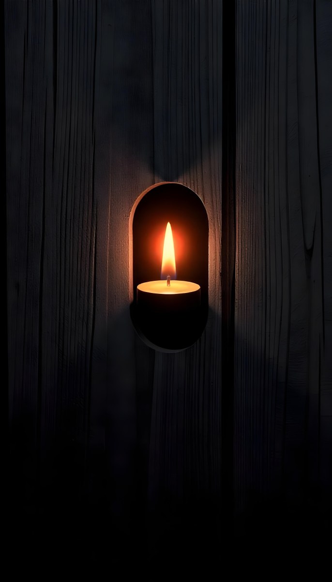A Candle With A Bright Flame Set Against A Bright Background Wooden Planks With A Hole Casting A Warm Glow Creating A Sense Of Hope 38 055e