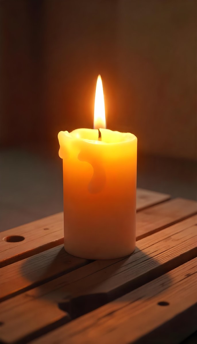 A Candle With A Bright Flame Set Against A Bright Background Wooden Planks With A Hole Casting A Warm Glow Creating A Sense Of Hope 4 E3fd