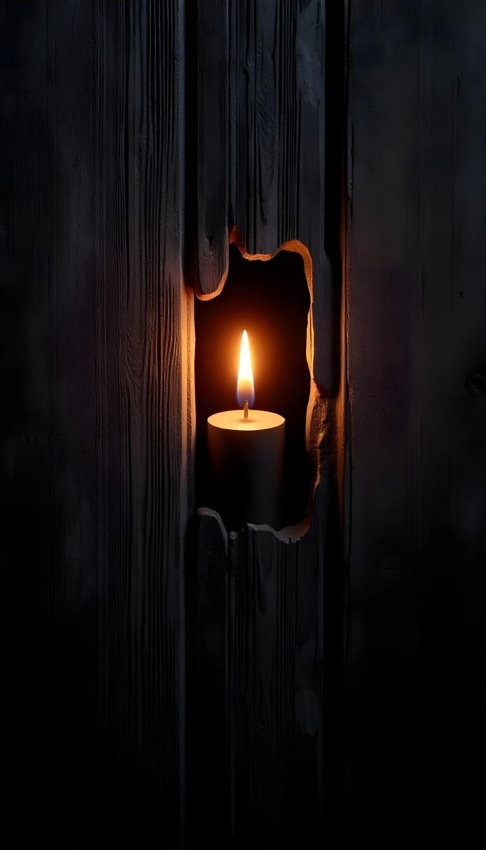 A Candle With A Bright Flame Set Against A Bright Background Wooden Planks With A Hole Casting A Warm Glow Creating A Sense Of Hope 40 448f