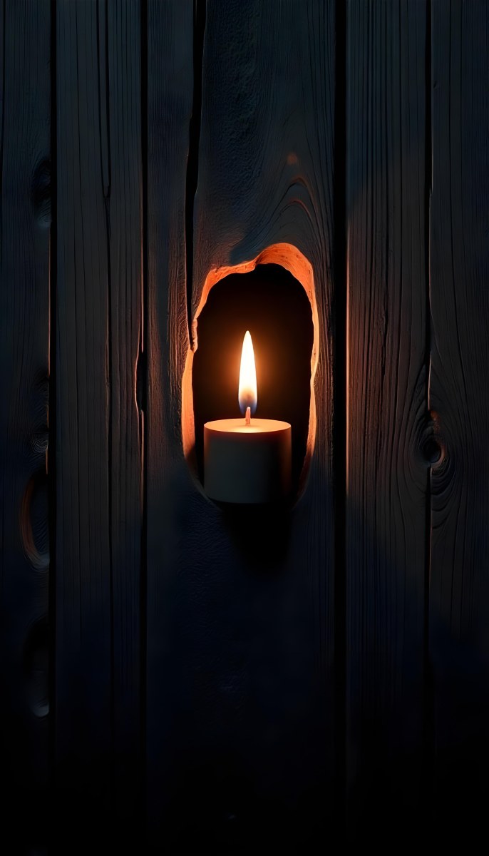 A Candle With A Bright Flame Set Against A Bright Background Wooden Planks With A Hole Casting A Warm Glow Creating A Sense Of Hope 5 Fbb1