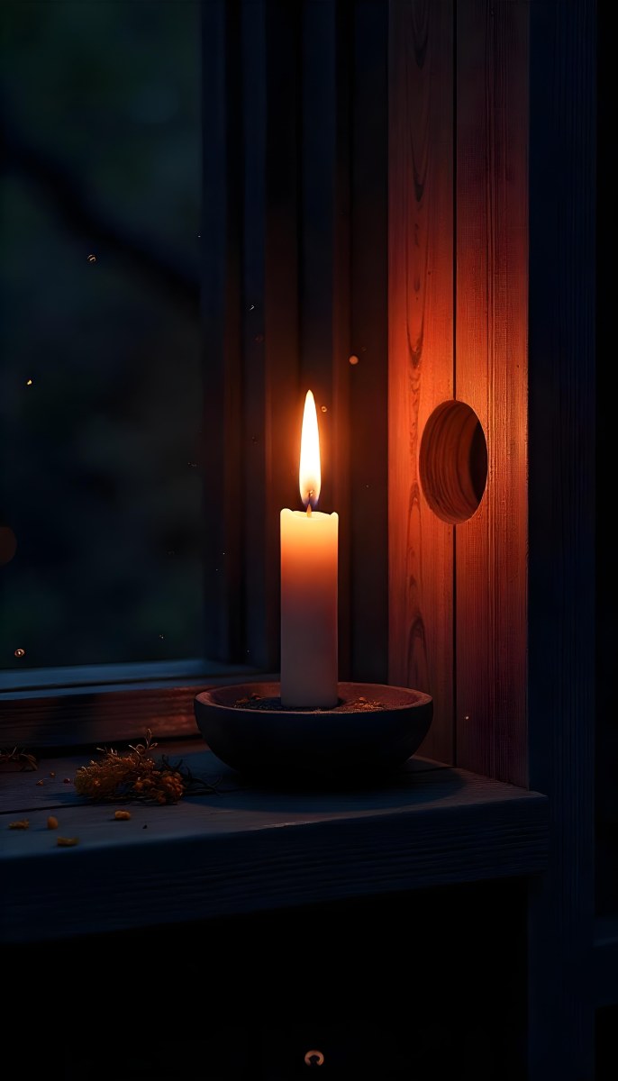 A Candle With A Bright Flame Set Against A Bright Background Wooden Planks With A Hole Casting A Warm Glow Creating A Sense Of Hope 6 F219
