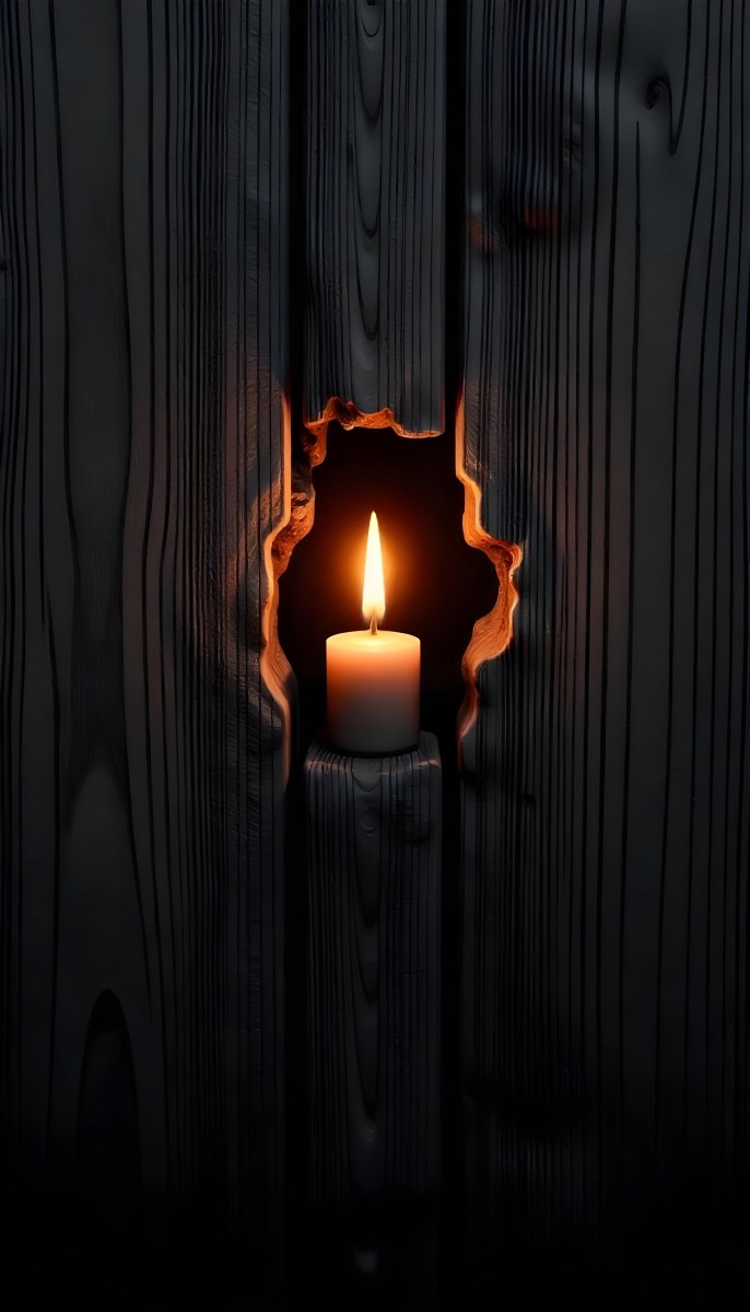 A Candle With A Bright Flame Set Against A Bright Background Wooden Planks With A Hole Casting A Warm Glow Creating A Sense Of Hope 7 12f6