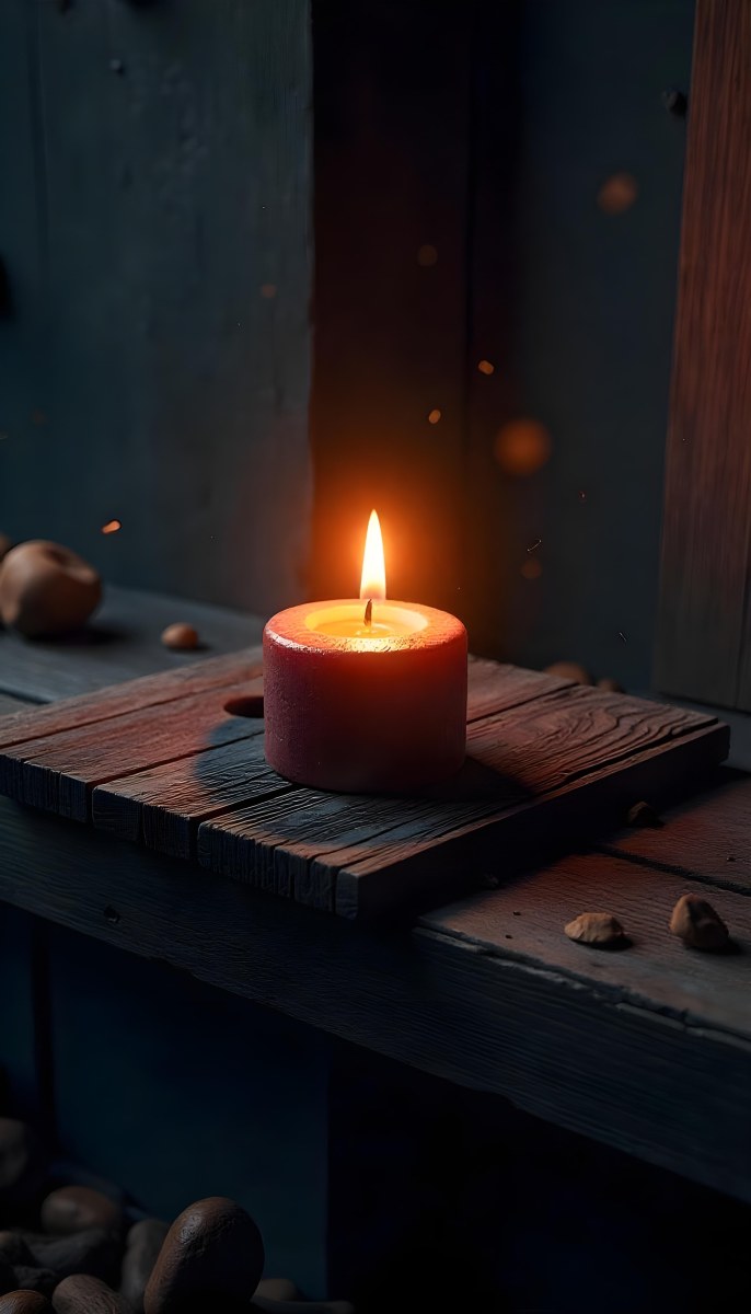 A Candle With A Bright Flame Set Against A Bright Background Wooden Planks With A Hole Casting A Warm Glow Creating A Sense Of Hope 8 A27a
