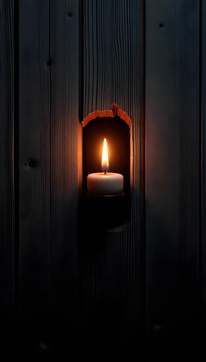 A Candle With A Bright Flame Set Against A Bright Background Wooden Planks With A Hole Casting A Warm Glow Creating A Sense Of Hope 9 Ea60