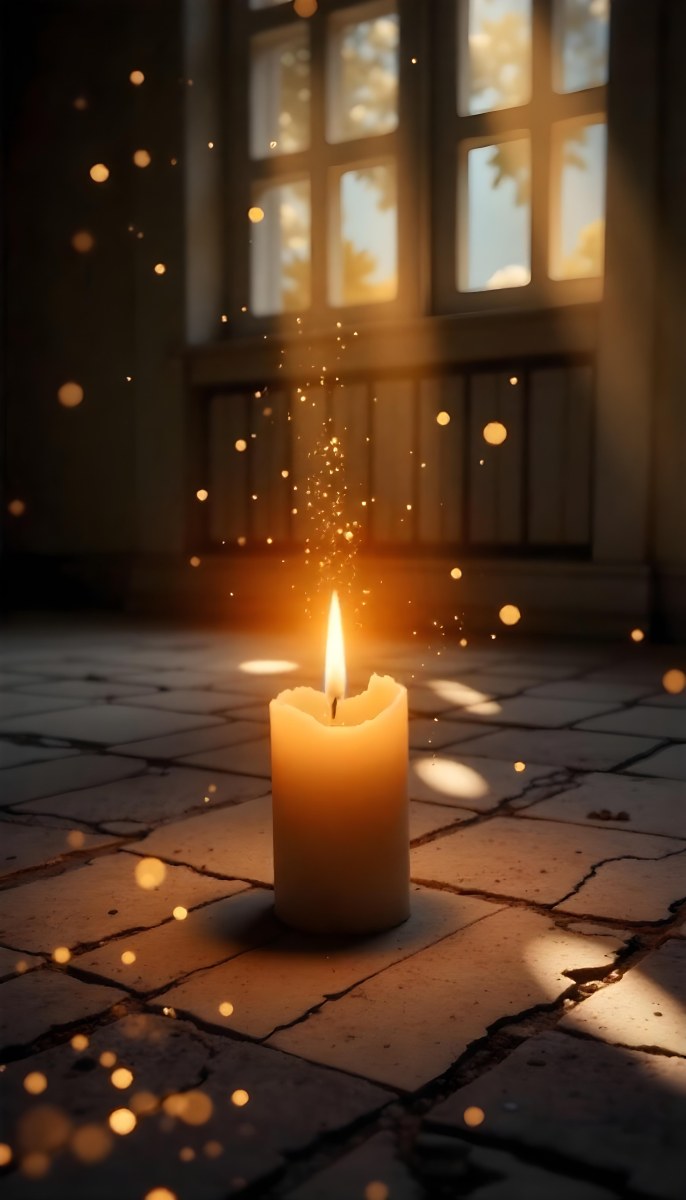 A Candle With A Flame On A Floor Covered With Broken Tiles With A Window In The Background And Bright Sparkles 13 31d9