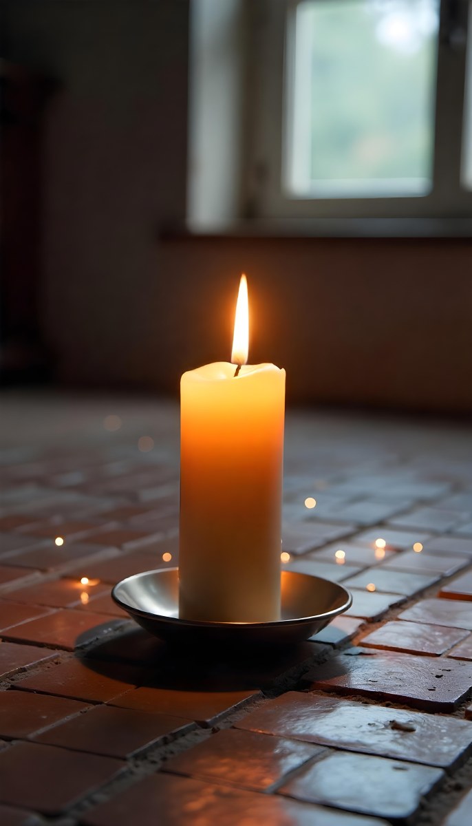 A Candle With A Flame On A Floor Covered With Broken Tiles With A Window In The Background And Bright Sparkles 17 586b