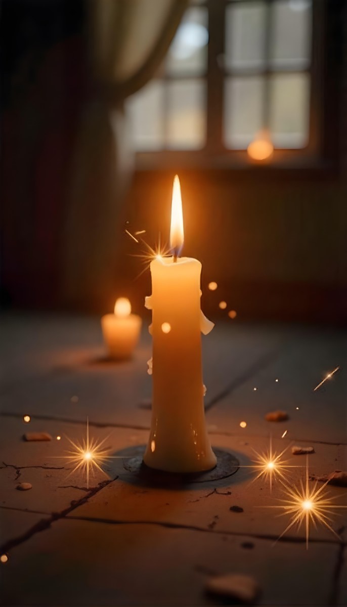 A Candle With A Flame On A Floor Covered With Broken Tiles With A Window In The Background And Bright Sparkles 18 E9a6