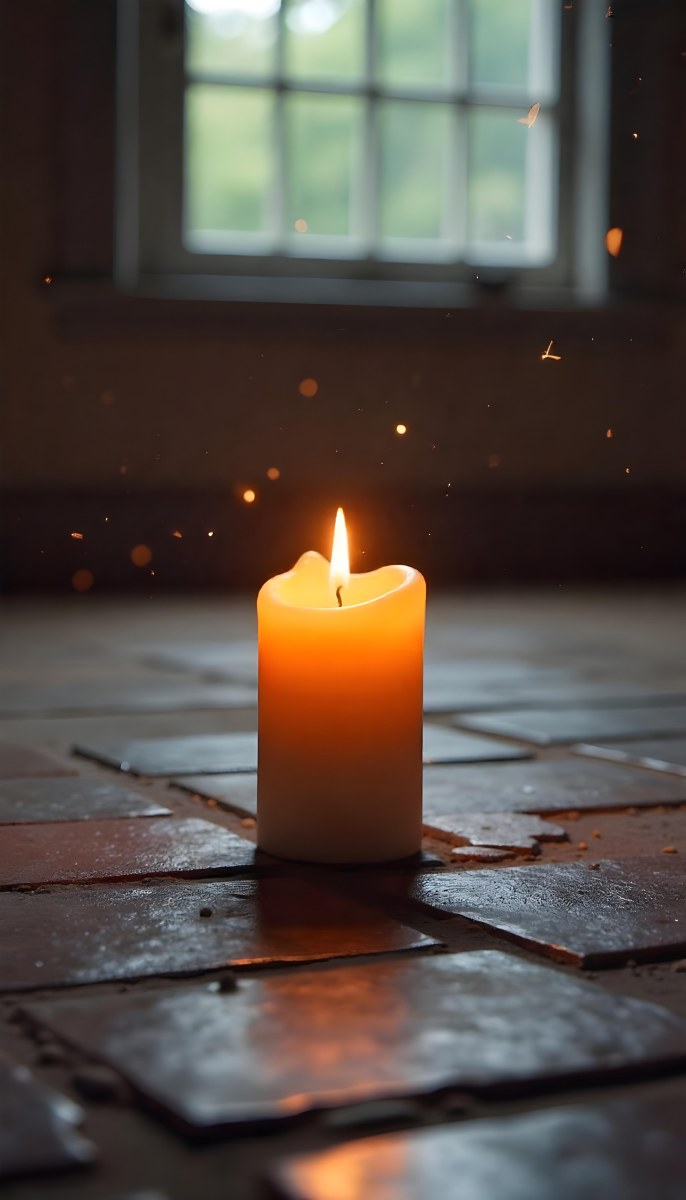 A Candle With A Flame On A Floor Covered With Broken Tiles With A Window In The Background And Bright Sparkles 20 1049