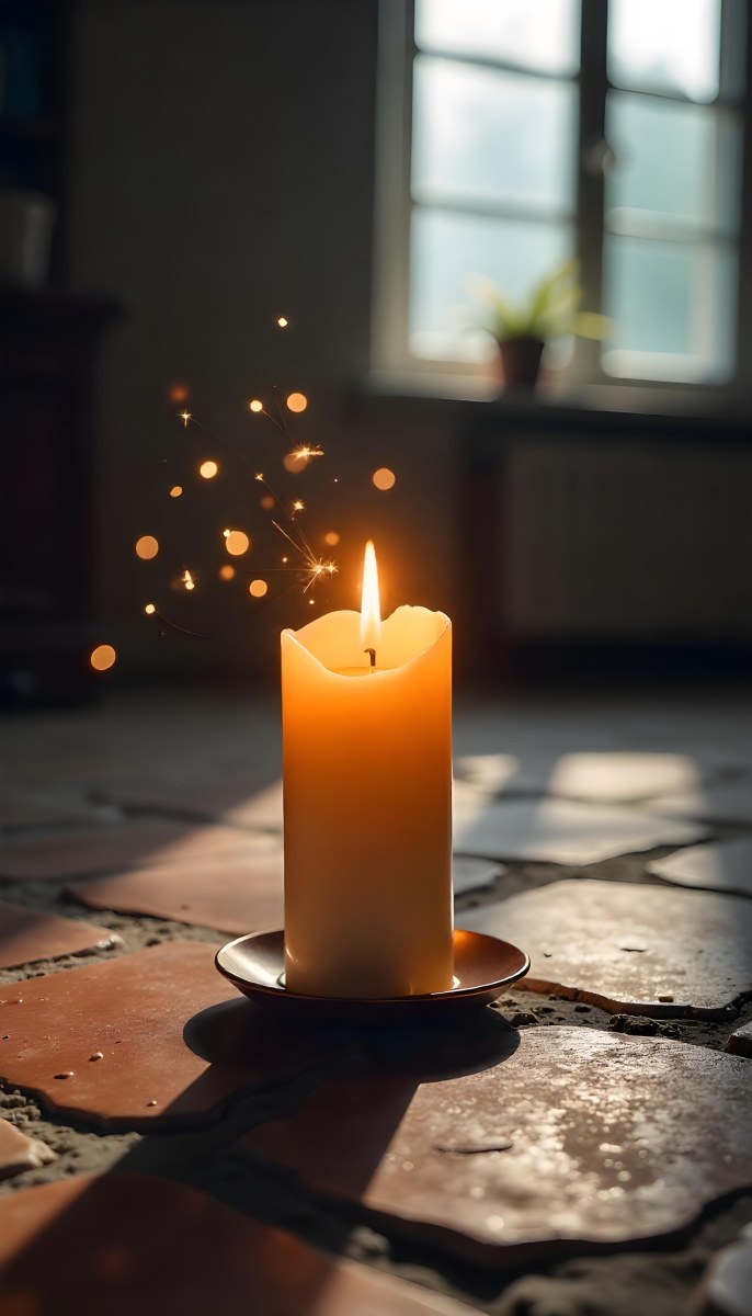 A Candle With A Flame On A Floor Covered With Broken Tiles With A Window In The Background And Bright Sparkles 22 C6b7