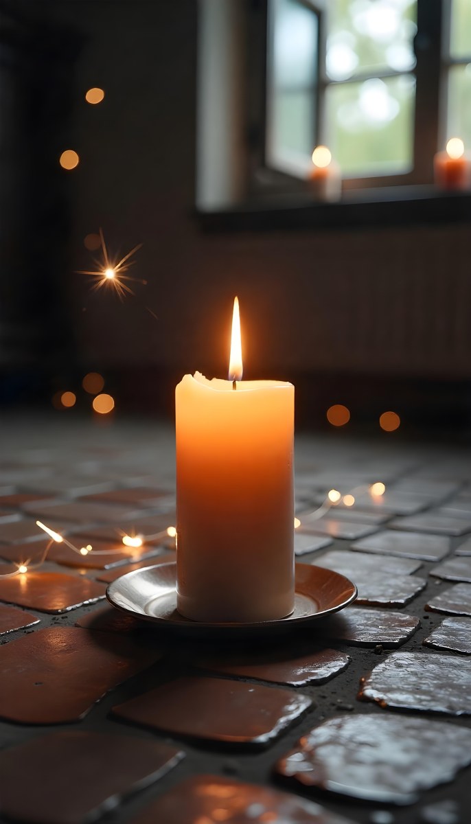 A Candle With A Flame On A Floor Covered With Broken Tiles With A Window In The Background And Bright Sparkles 23 20f1