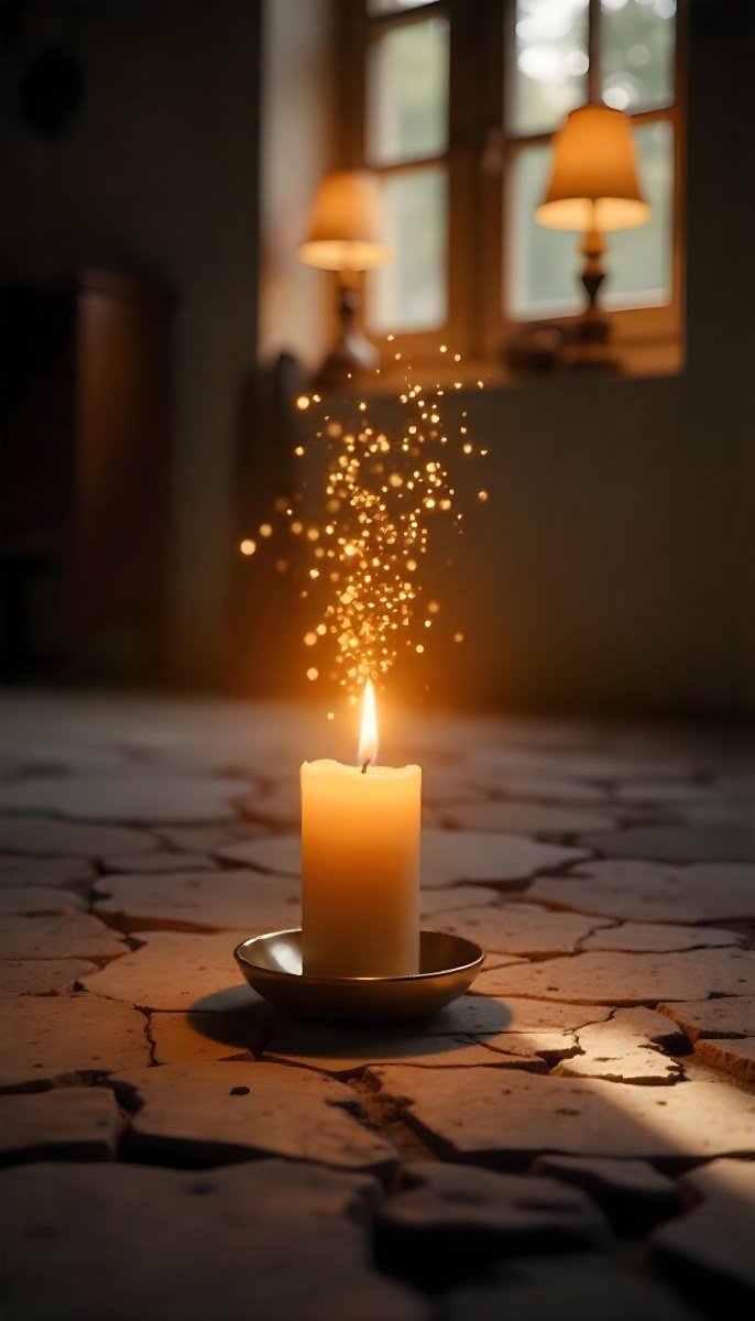 A Candle With A Flame On A Floor Covered With Broken Tiles With A Window In The Background And Bright Sparkles 3 C87c