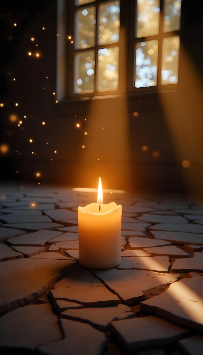 A Candle With A Flame On A Floor Covered With Broken Tiles With A Window In The Background And Bright Sparkles 4 D3a6