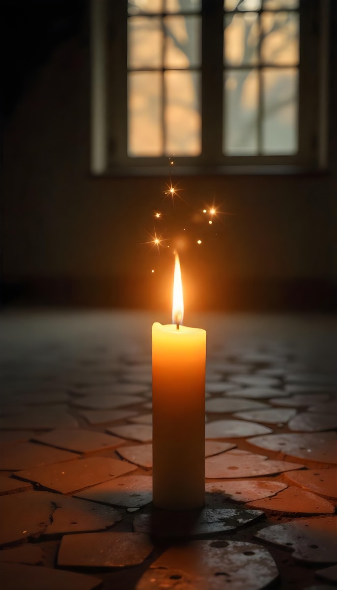 A Candle With A Flame On A Floor Covered With Broken Tiles With A Window In The Background And Bright Sparkles 5 22ba