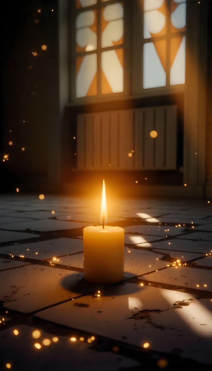 A Candle With A Flame On A Floor Covered With Broken Tiles With A Window In The Background And Bright Sparkles 7 590e