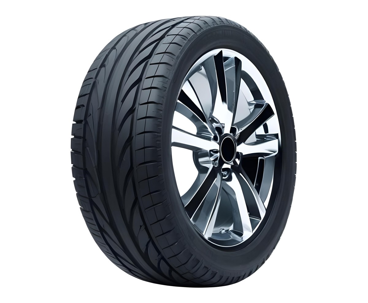A Car Tire With A Black Rim White Rubber And Deep Treads Isolated On A Black Background 15 905e