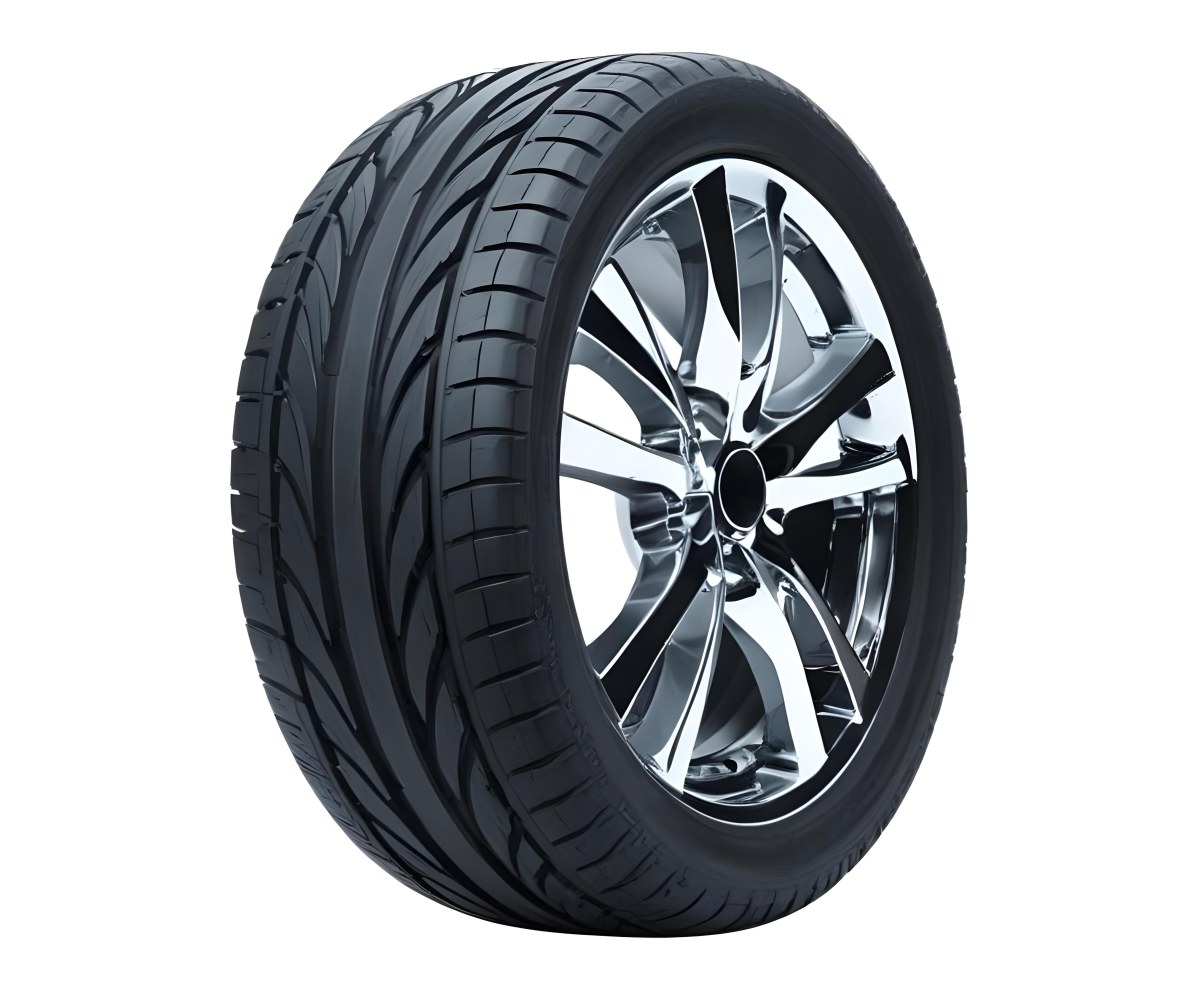 A Car Tire With A Black Rim White Rubber And Deep Treads Isolated On A Black Background 17 7036