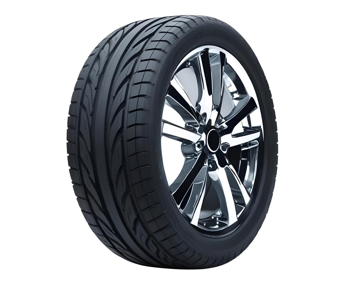 A Car Tire With A Black Rim White Rubber And Deep Treads Isolated On A Black Background 20 37e0