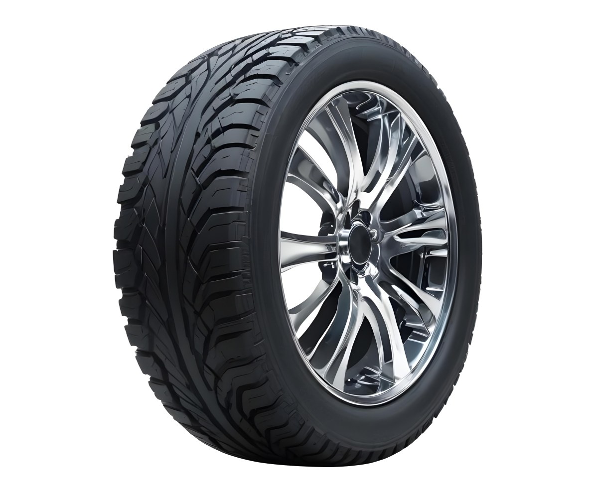 A Car Tire With A Black Rim White Rubber And Deep Treads Isolated On A Black Background 24 6930