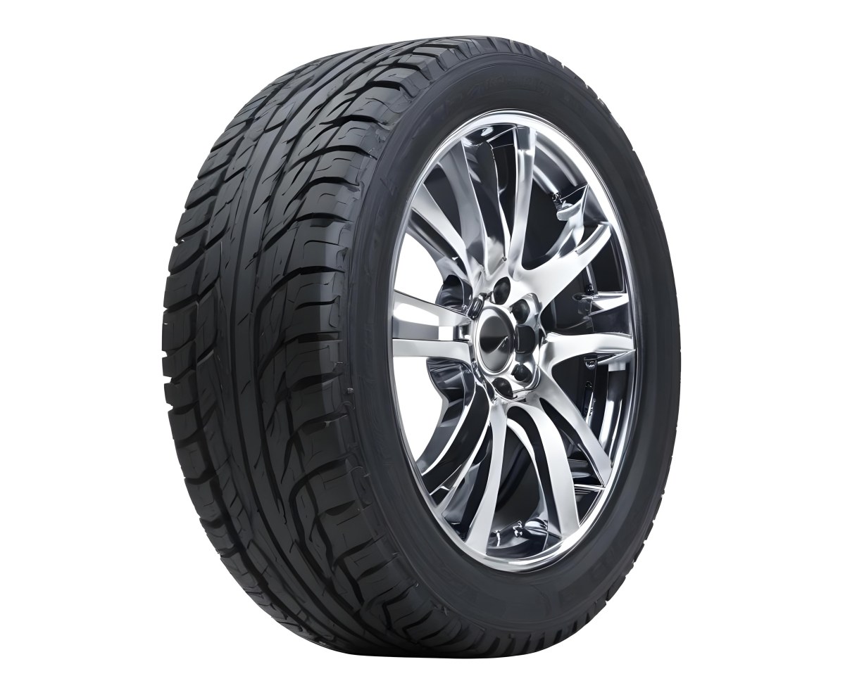 A Car Tire With A Black Rim White Rubber And Deep Treads Isolated On A Black Background 25 9742
