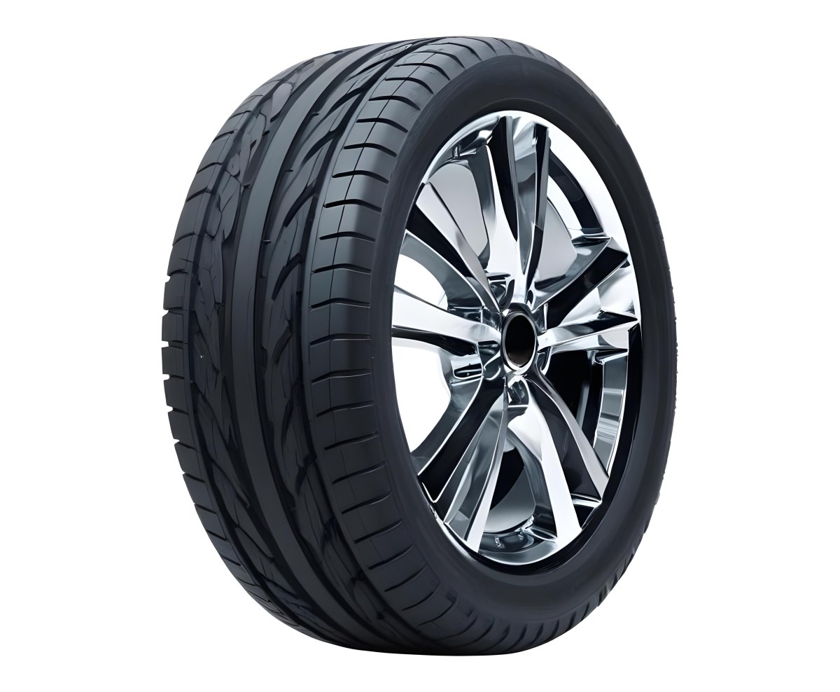 A Car Tire With A Black Rim White Rubber And Deep Treads Isolated On A Black Background 26 9060