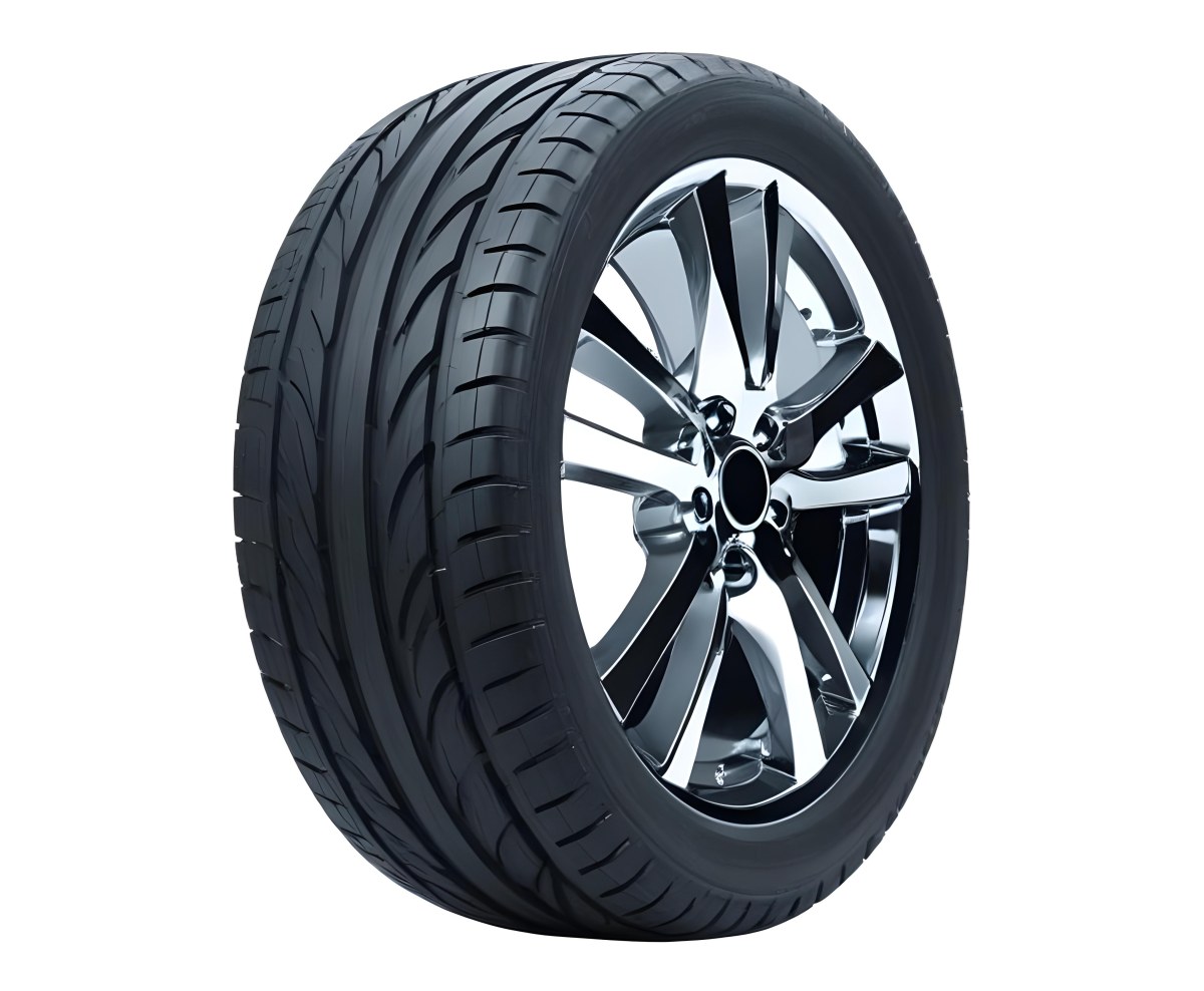 A Car Tire With A Black Rim White Rubber And Deep Treads Isolated On A Black Background 30 3744