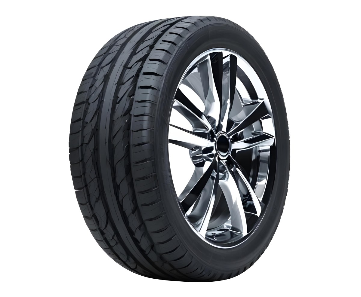 A Car Tire With A Black Rim White Rubber And Deep Treads Isolated On A Black Background 31 A25f