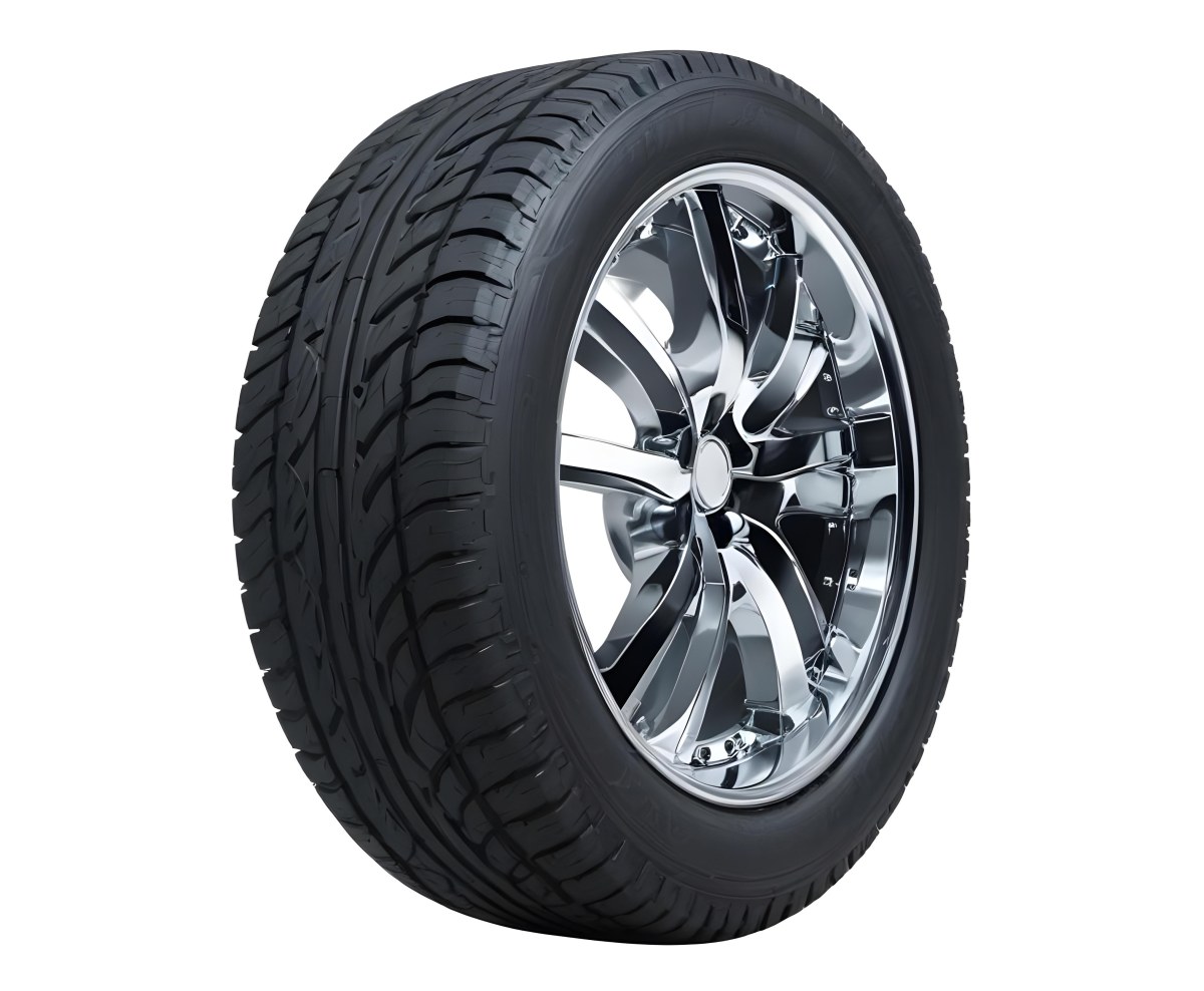 A Car Tire With A Black Rim White Rubber And Deep Treads Isolated On A Black Background 32 7fe2