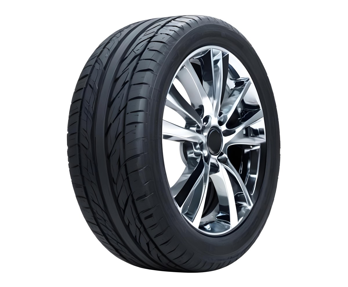 A Car Tire With A Black Rim White Rubber And Deep Treads Isolated On A Black Background 4 57e9