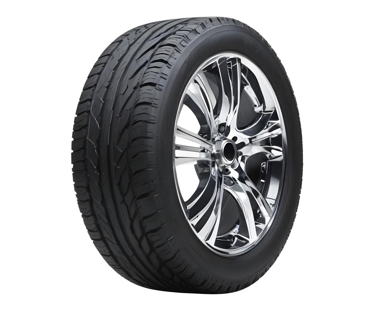 A Car Tire With A Black Rim White Rubber And Deep Treads Isolated On A Black Background 8 6d11