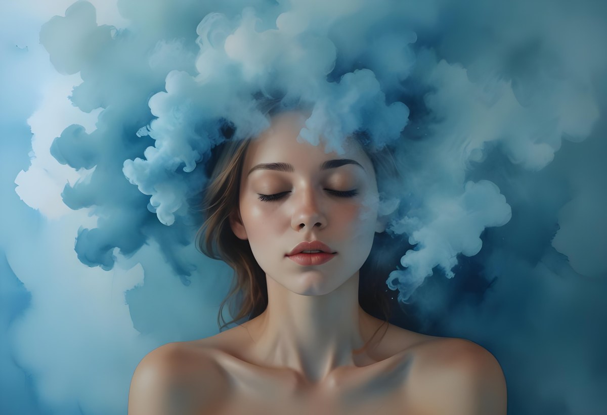 A Caucasian Woman 25 Years Old Light Skin Closed Eyes With Blue Smoke Around Her Head Blue Background 17 39aa