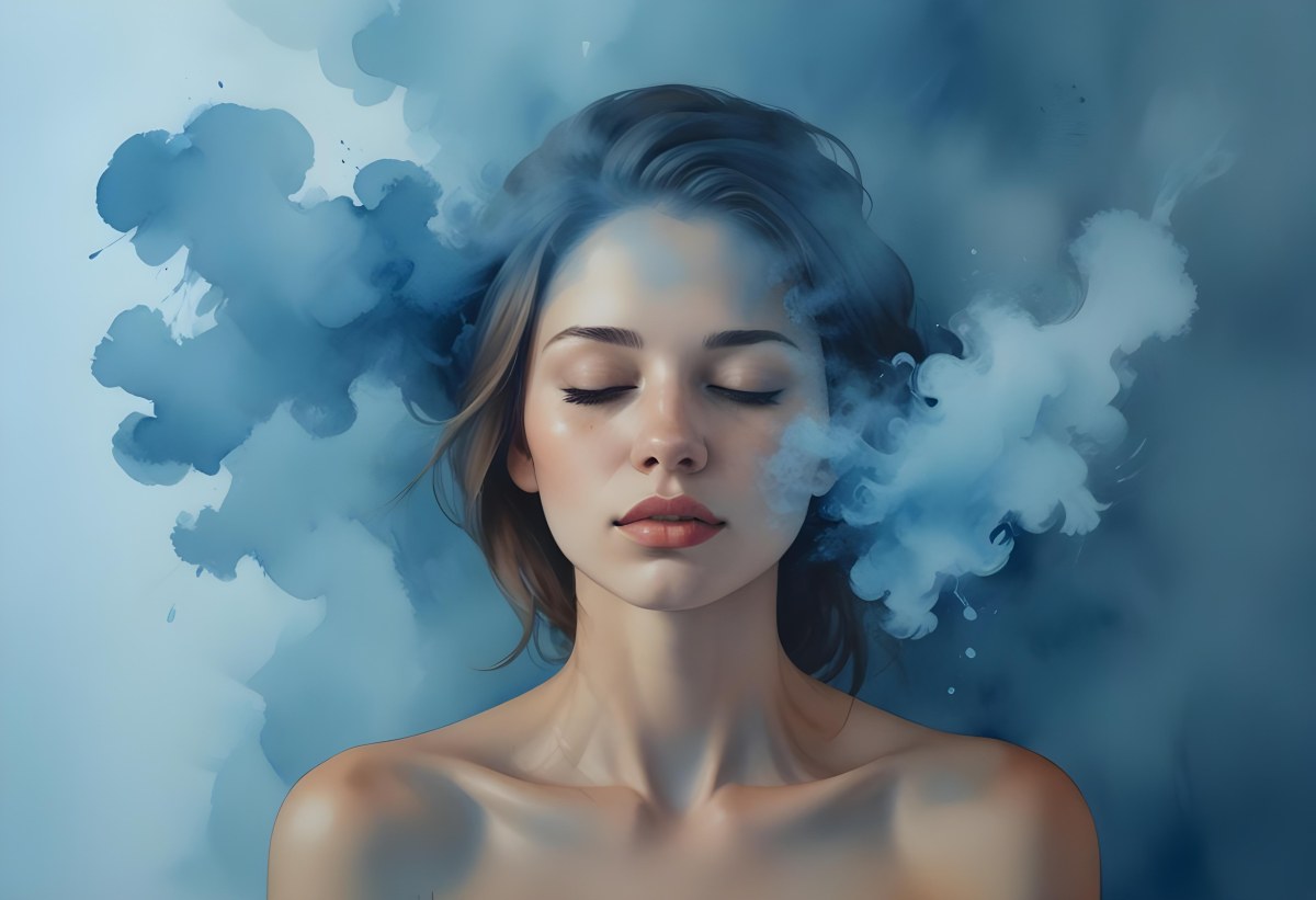 A Caucasian Woman 25 Years Old Light Skin Closed Eyes With Blue Smoke Around Her Head Blue Background 20 8e79