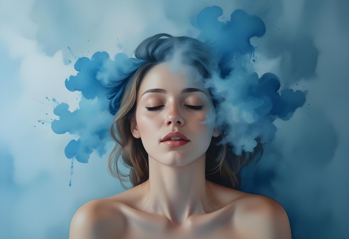 A Caucasian Woman 25 Years Old Light Skin Closed Eyes With Blue Smoke Around Her Head Blue Background 25 9bf7