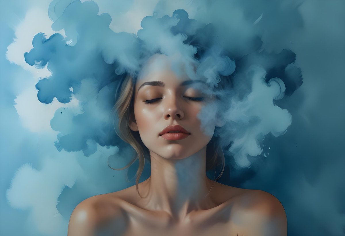 A Caucasian Woman 25 Years Old Light Skin Closed Eyes With Blue Smoke Around Her Head Blue Background 29 Ca08