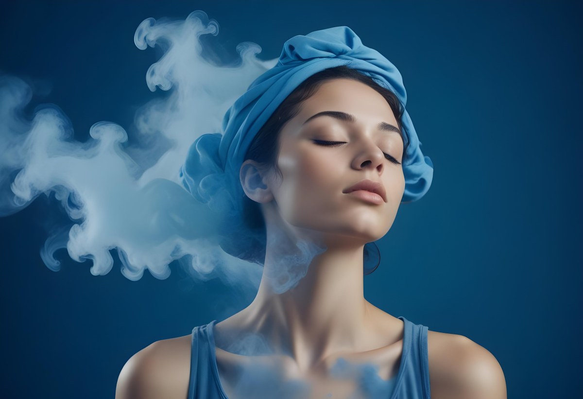 A Caucasian Woman 25 Years Old Light Skin Closed Eyes With Blue Smoke Around Her Head Blue Background 3 C216