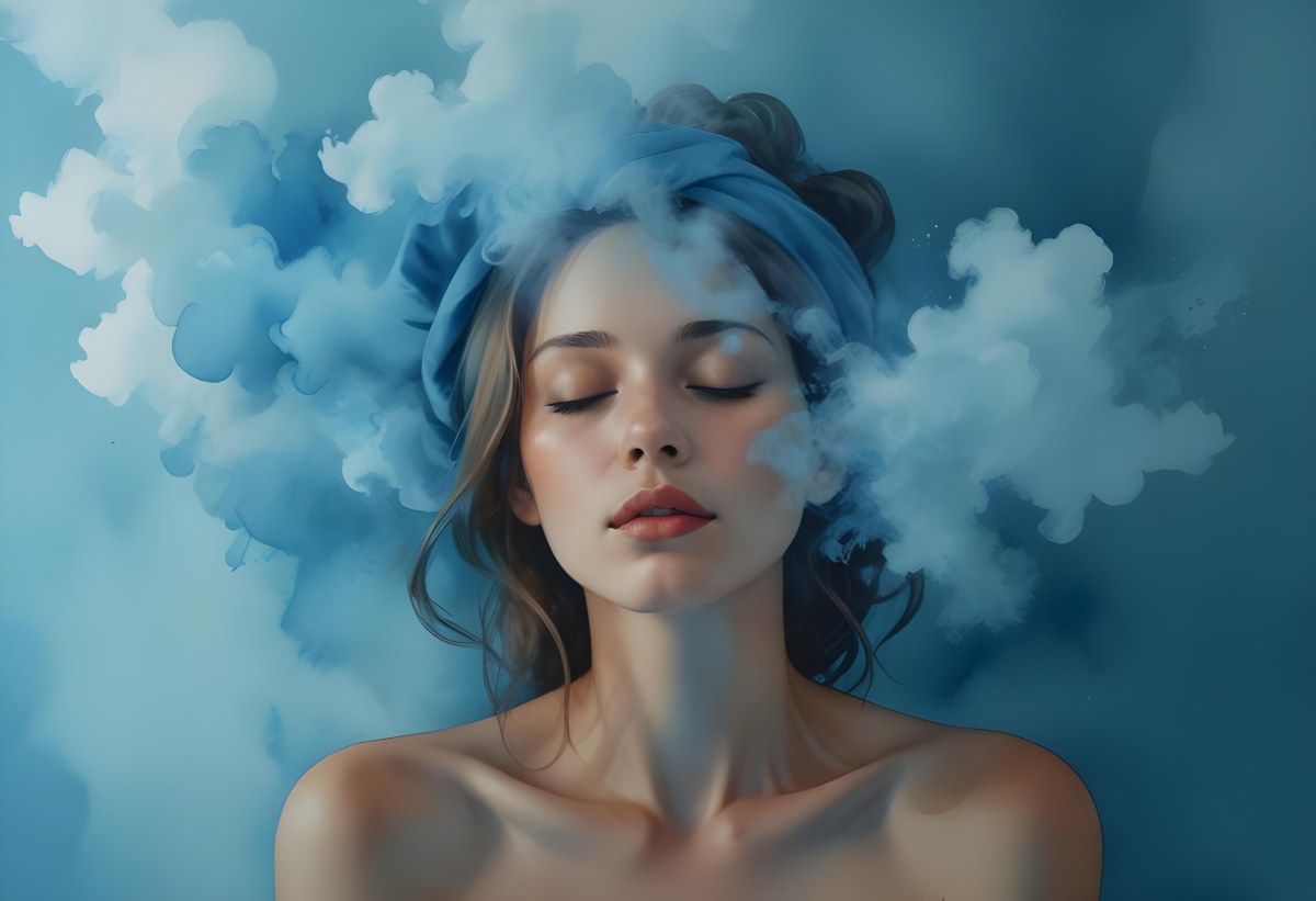 A Caucasian Woman 25 Years Old Light Skin Closed Eyes With Blue Smoke Around Her Head Blue Background 33 52ce