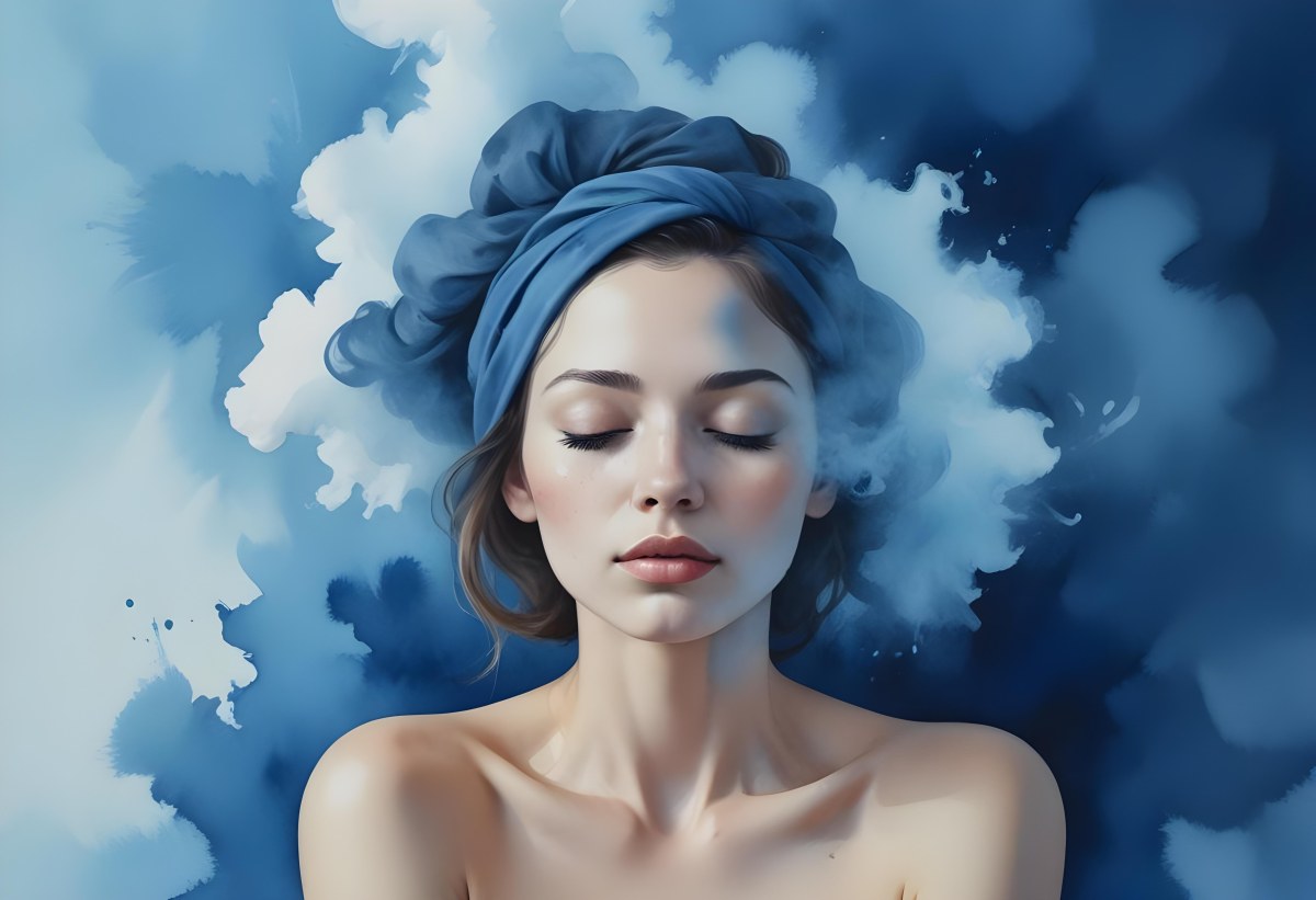 A Caucasian Woman 25 Years Old Light Skin Closed Eyes With Blue Smoke Around Her Head Blue Background 37 E0ea