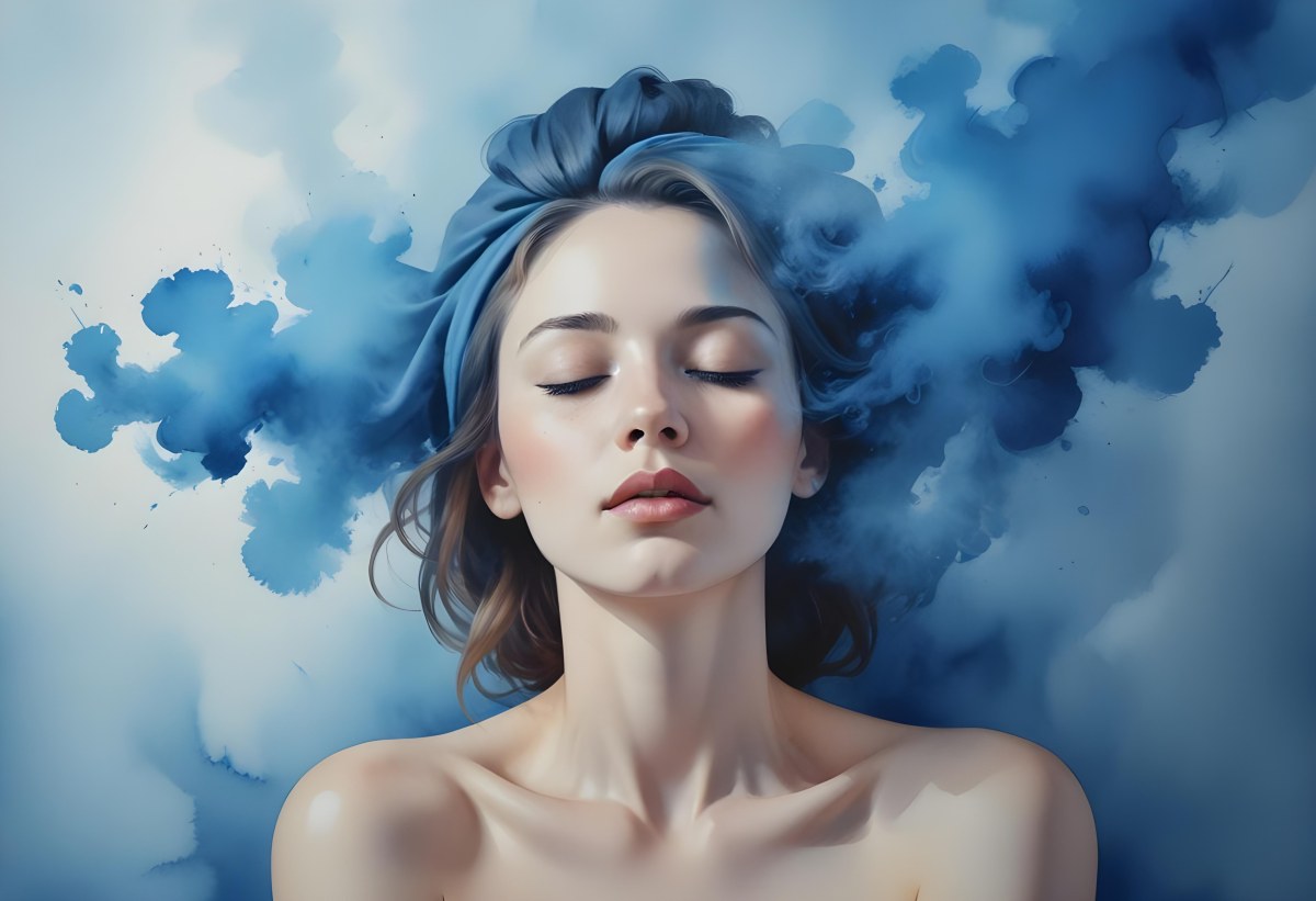 A Caucasian Woman 25 Years Old Light Skin Closed Eyes With Blue Smoke Around Her Head Blue Background 38 398c