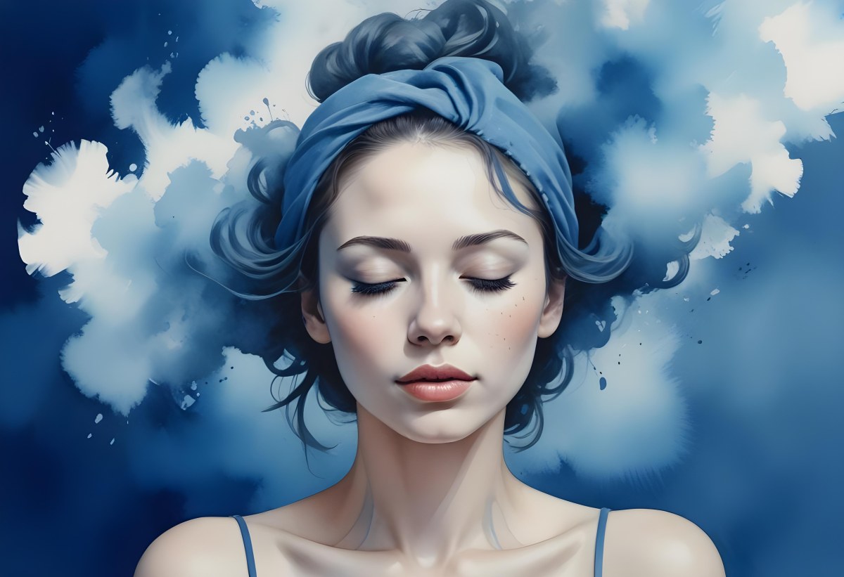 A Caucasian Woman 25 Years Old Light Skin Closed Eyes With Blue Smoke Around Her Head Blue Background 39 E50e