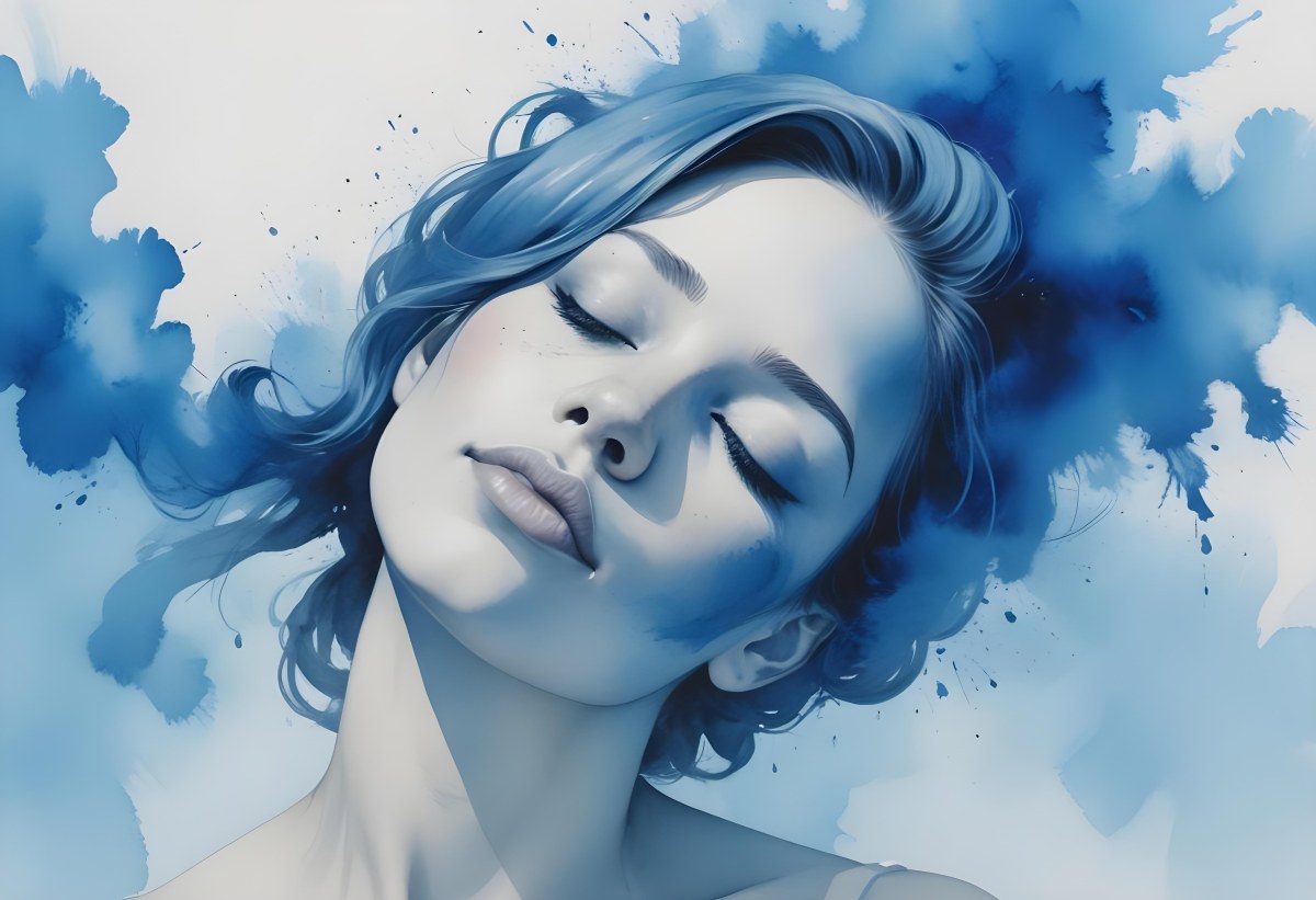 A Caucasian Woman 25 Years Old Light Skin Closed Eyes With Blue Smoke Around Her Head Blue Background 41 A4fd