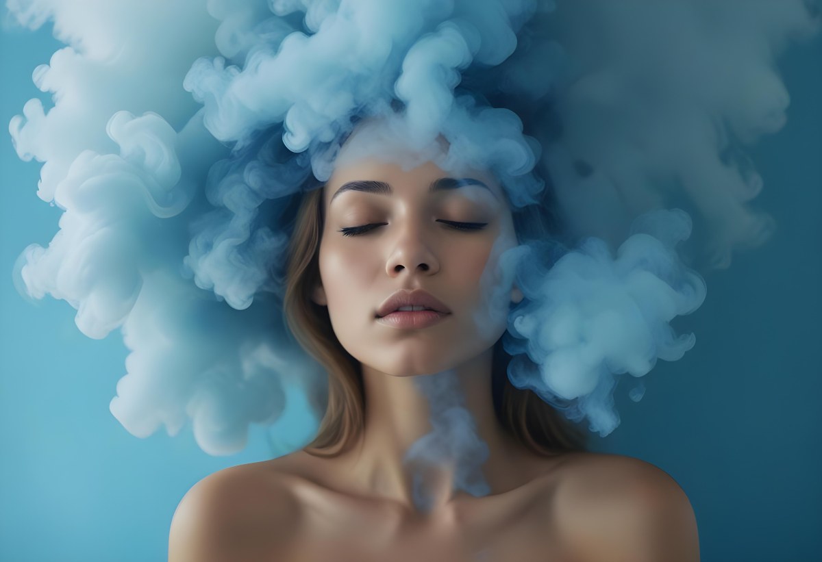 A Caucasian Woman 25 Years Old Light Skin Closed Eyes With Blue Smoke Around Her Head Blue Background 44 De4e