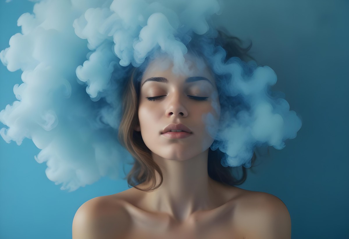 A Caucasian Woman 25 Years Old Light Skin Closed Eyes With Blue Smoke Around Her Head Blue Background 46 3559
