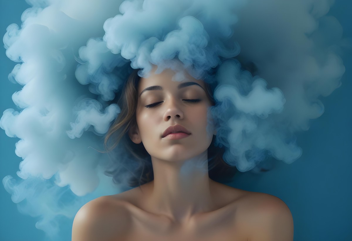 A Caucasian Woman 25 Years Old Light Skin Closed Eyes With Blue Smoke Around Her Head Blue Background 50 2fa2