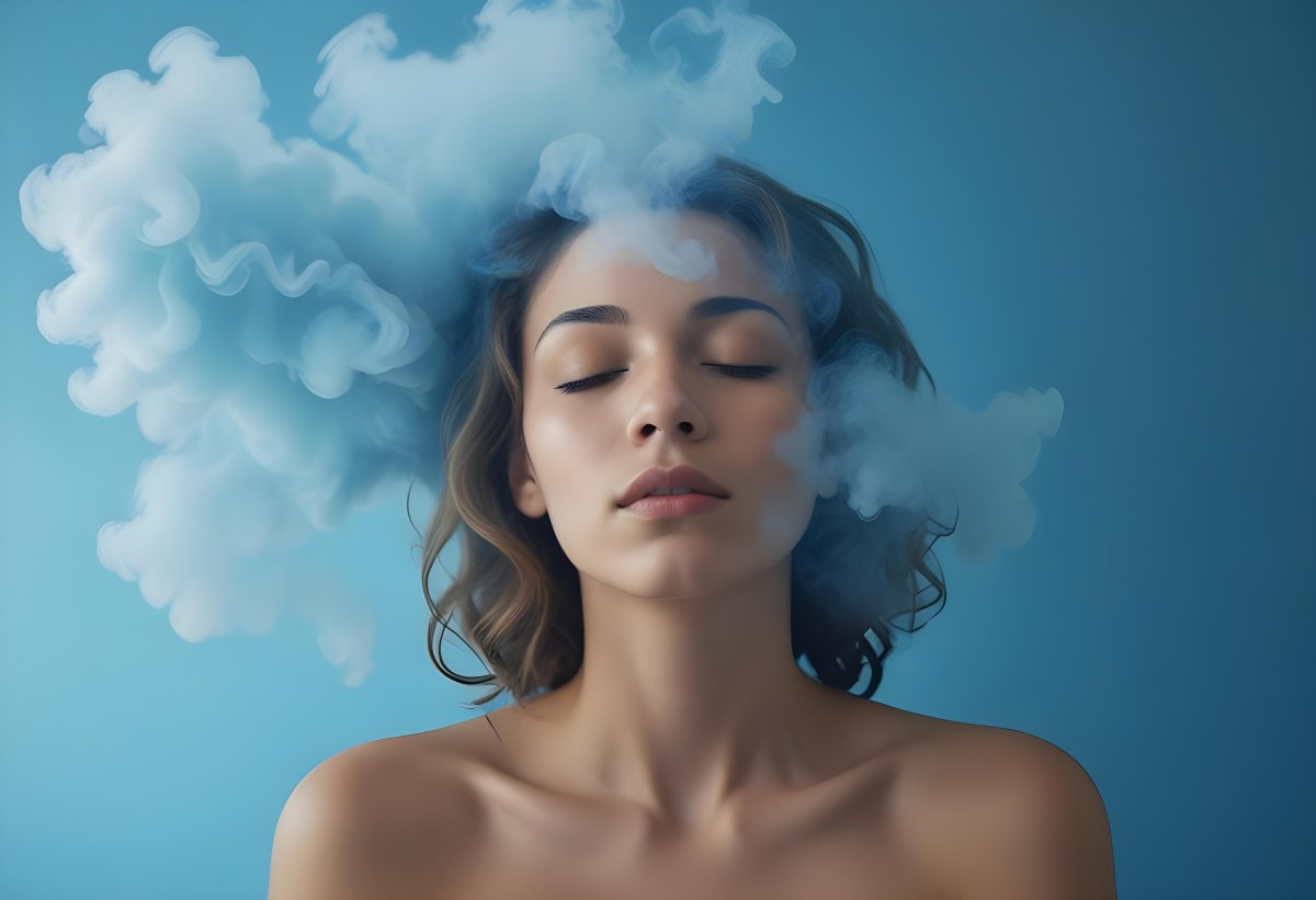 A Caucasian Woman 25 Years Old Light Skin Closed Eyes With Blue Smoke Around Her Head Blue Background 70 2e13