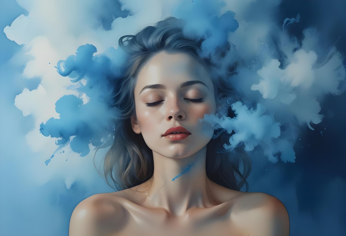 A Caucasian Woman 25 Years Old Light Skin Closed Eyes With Blue Smoke Around Her Head Blue Background 73 45fa