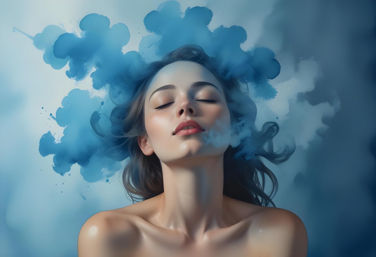 A Caucasian Woman 25 Years Old Light Skin Closed Eyes With Blue Smoke Around Her Head Blue Background 75 56a0