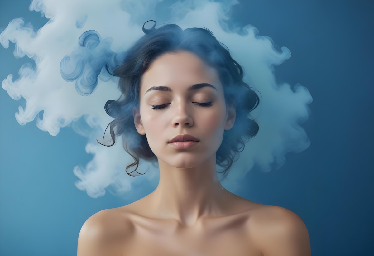 A Caucasian Woman 25 Years Old Light Skin Closed Eyes With Blue Smoke Around Her Head Blue Background 76 8f84